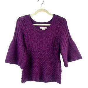 Design History Cable Knit Sweater Women Large Purple‎ Short Bell Sleeves Chunky